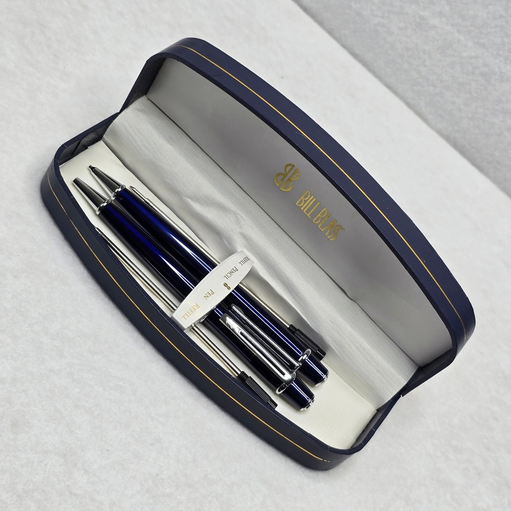 Bill Blass Blue Chrome Ballpoint Pen Mechanical Pencil Set Refills BB0091RF - Picture 2 of 13